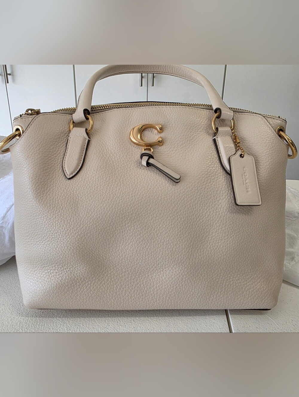 Coach Remi Chalk Pebbled Leather Satchel w/Gold Hardware EUC